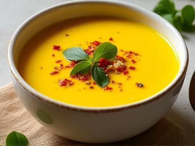 A creamy yellow Coconut Vegetable Curry soup in a bowl, garnished with red chili flakes and curry leaves.